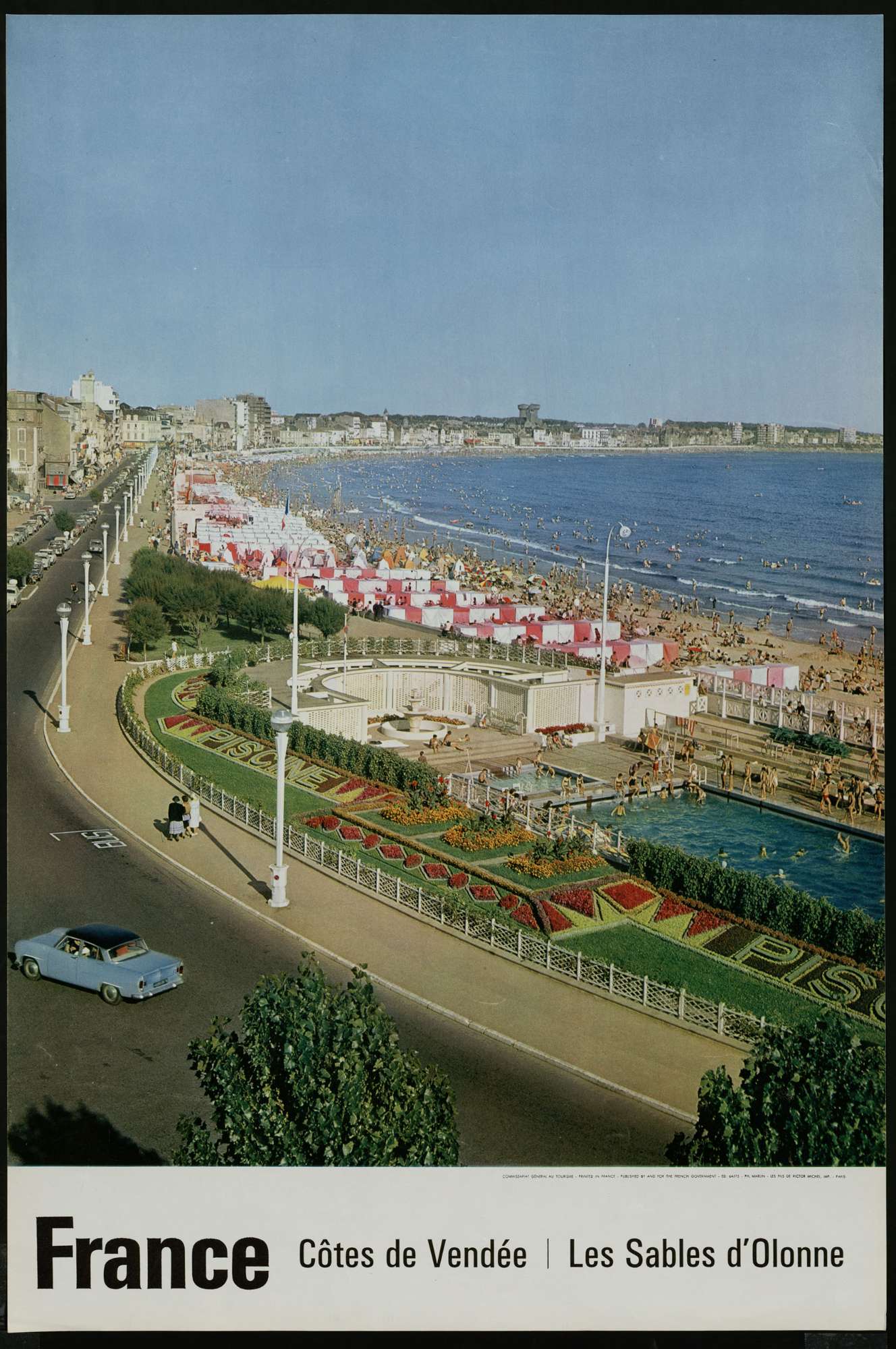 Une affiche contenant la photo du remblai des Sables d'Olonne avec en fond la plage et la mer; le mot "France" apparaît en dessous en grandes lettres capitales puis en plus petit est inscrit "cotes de Vendée - les Sables d'Olonne"