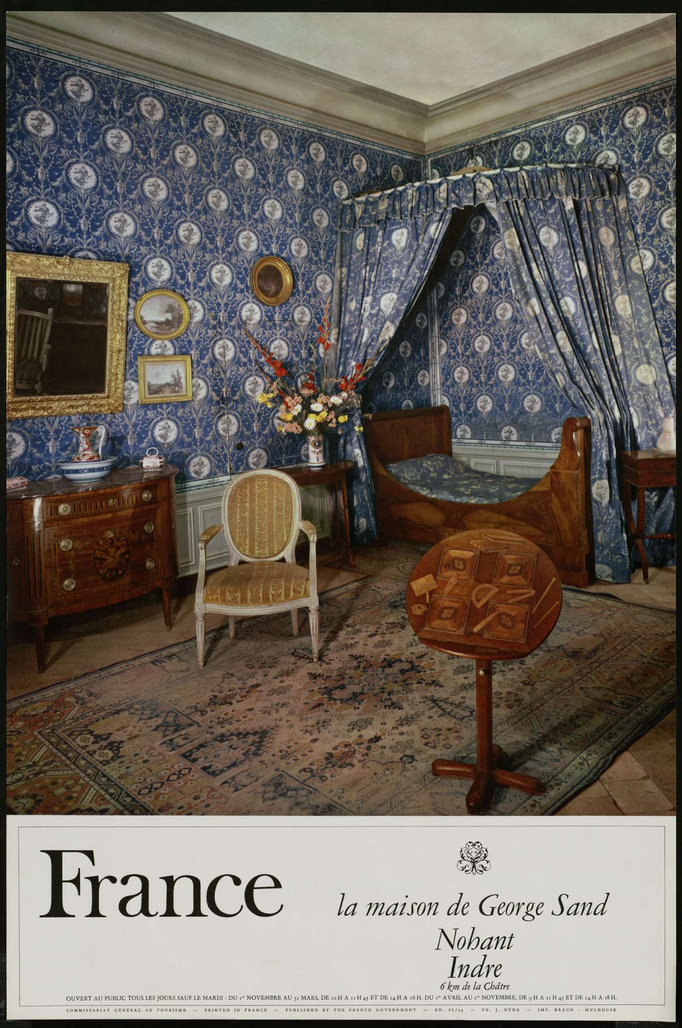 Une affiche contenant une photo de la chambre à coucher de George Sand à Nohant; le mot "France" apparaît en dessous puis en plus petit est inscrit "la maison de George Sand - Indre - Nohant"