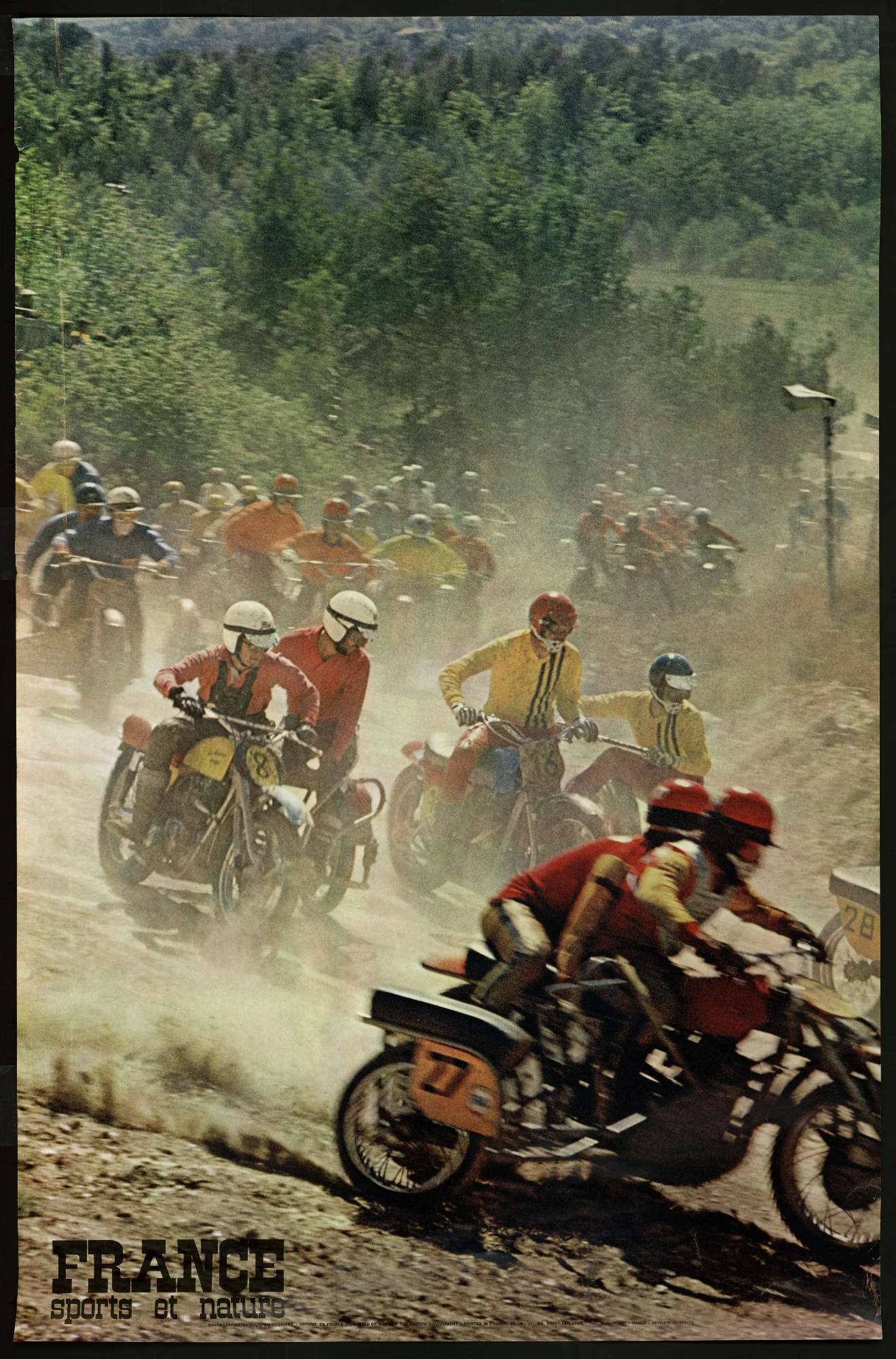 Une affiche contenant une photo d'une course de side-cars en terrain accidenté; le mot "France" apparaît en dessous puis en plus petit est inscrit "Sports et nature"