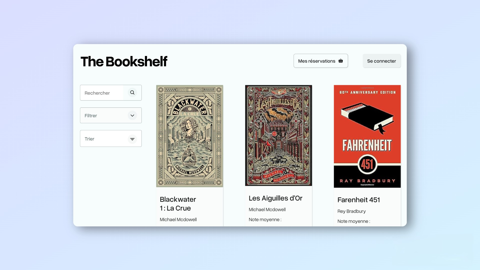 Homepage of the bookshelf organizer website : a friendly UI filled with a list of books