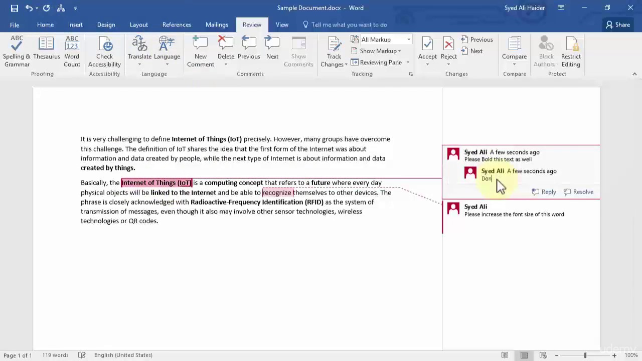 Capture d'écran de l'interface de commentaires Word