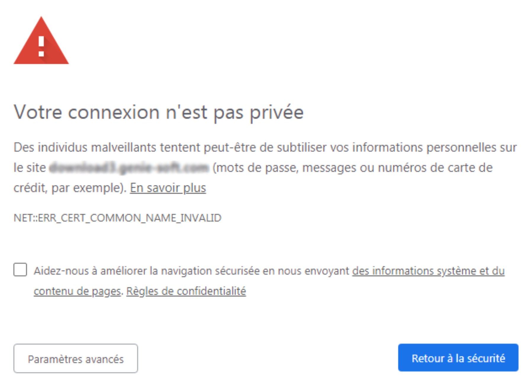 Message de Chrome en cas de connexion HTTP