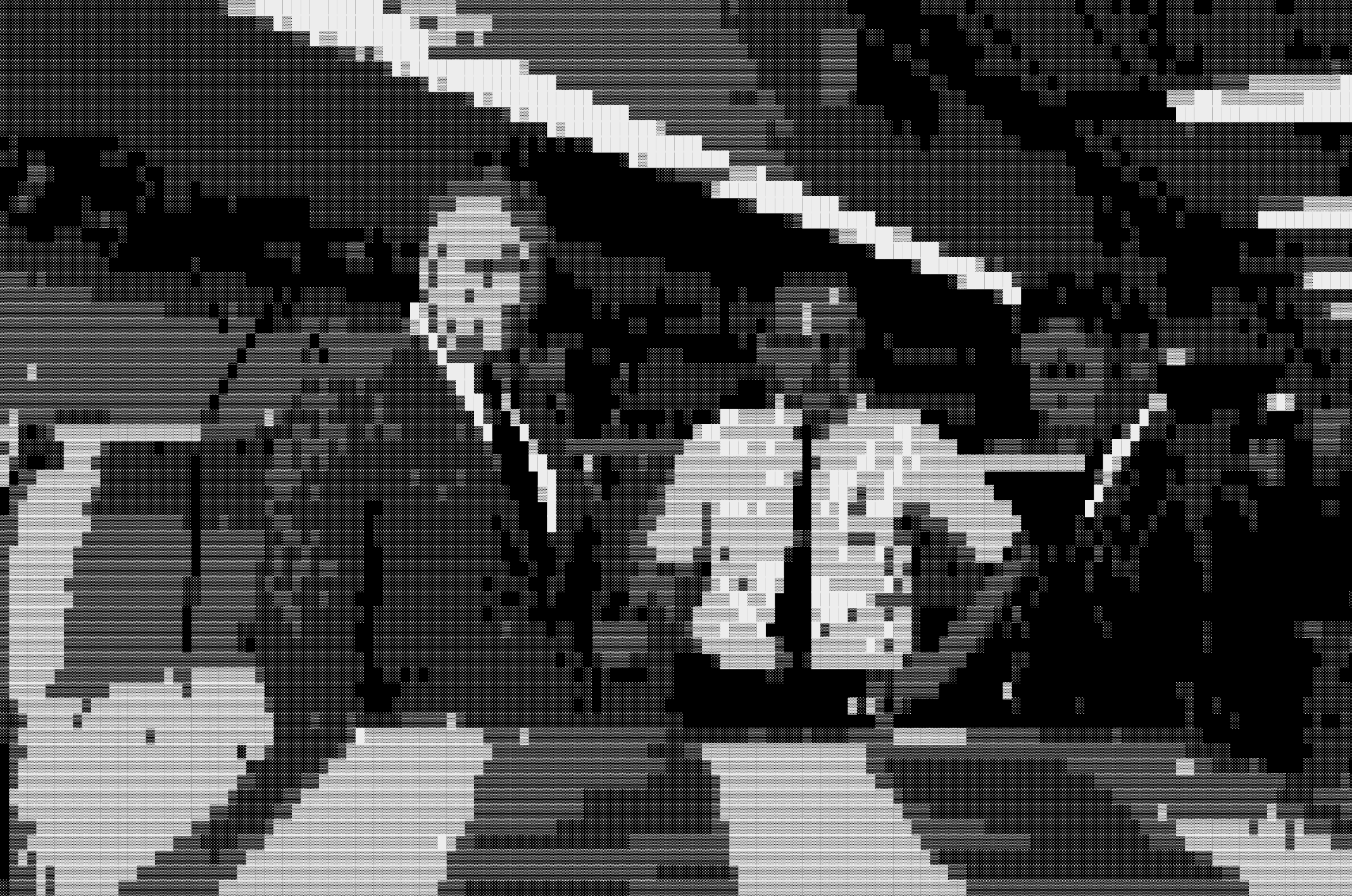 Photographie dégradée en ASCII de Sherman Fairchild qui rend visite au centre de R&D de l'entreprise Fairchild avec Gordon Moore et Robert Noyce, 1965