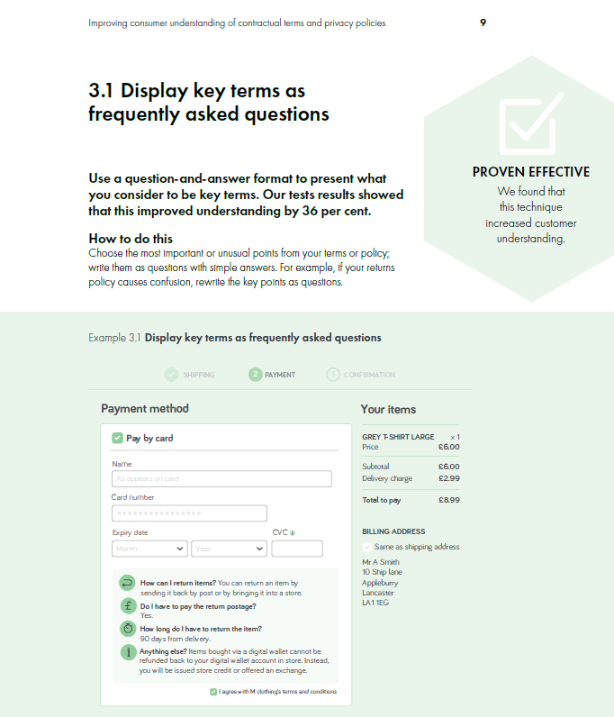 Extrait d'une étude révélant les effets des FAQ : 36% des tests montrent une compréhension améliorée, exemple d'une FAQ utilisée pour expliquer les étapes d'un paiement