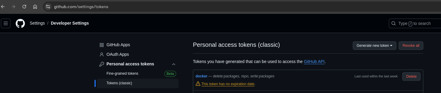 Capture d'écran interface de génération d'un access token dans Github
