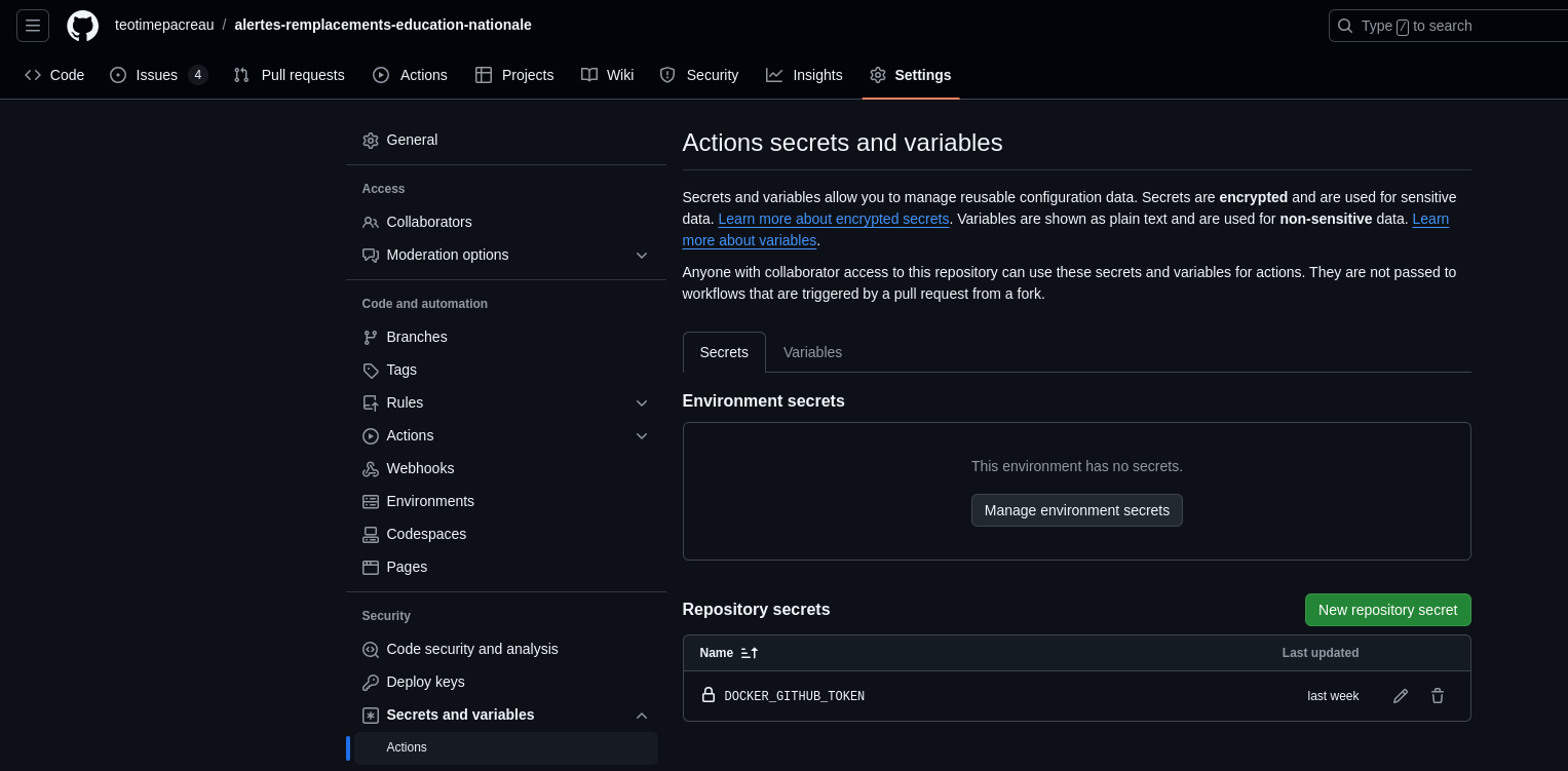 Capture d'écran de l'interface de dépôt du token pour le lier au repo