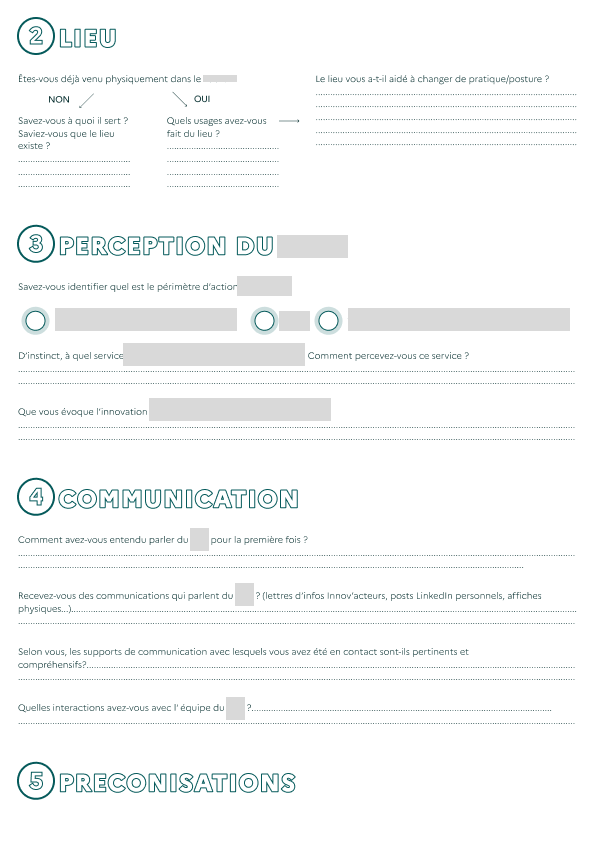 Une guide d'entretien avec cinq catégories de questions numérotées, on y retrouve des blocs tels que l'identité de la personne interviewée, un moderato pour donner des consignes à l'intervieweur, un corps de questions rangées par catégories et à enbranchements"
