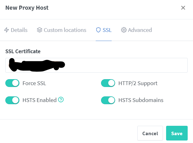 Sous-menu SSL d'ajout de proxy