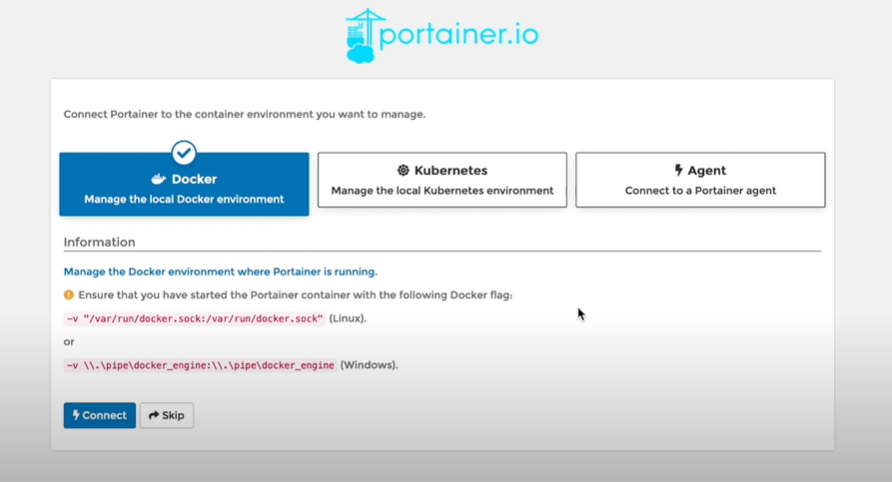 Page de choix de l'environnement Docker