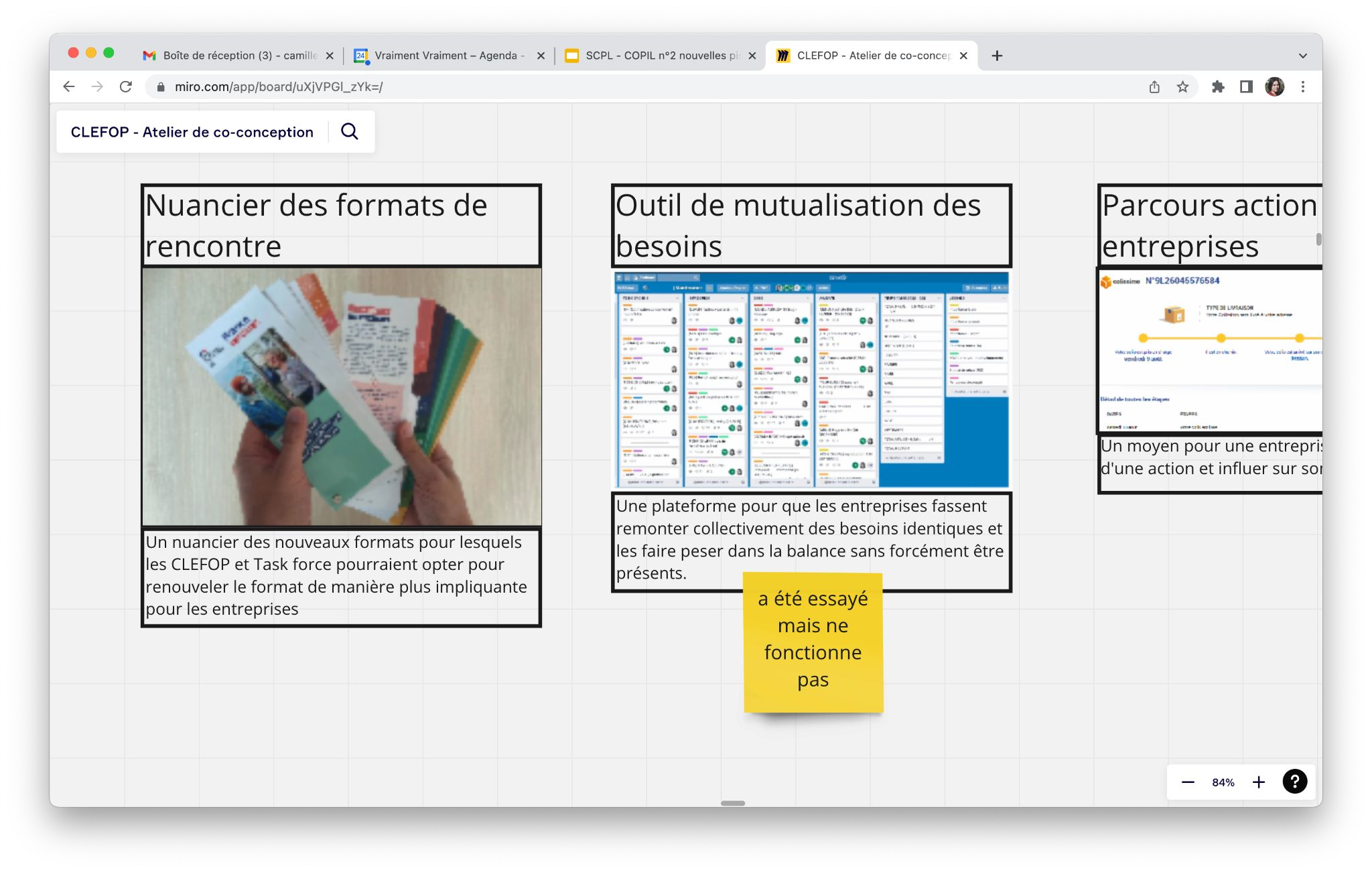 Support de présentation des solutions qui existent déjà ailleurs pour répondre la piste de travail, conception et tous droits réservés Simon Cario, Elsa Portalier, Martin Delhumeau, VraimentVraiment Capture d’écran d’un atelier de co-conception en ligne sur Miro reprenant ensemble de solutions existant ailleurs, conception et tous droits réservés Simon Cario, Elsa Portalier, Martin Delhumeau, VraimentVraiment